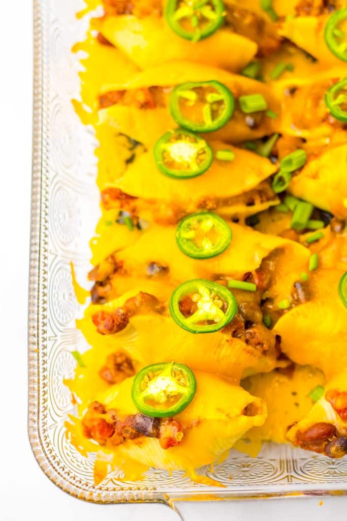 Chili Cheese Stuffed Shells in pan
