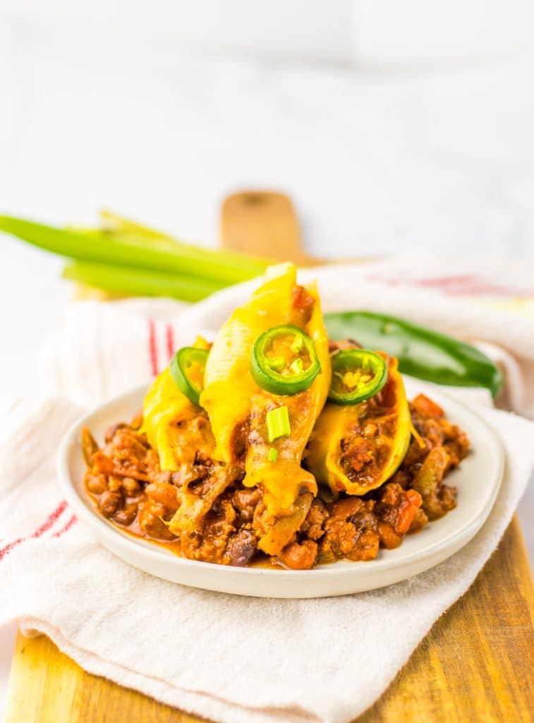 Chili Cheese Stuffed Shells plated