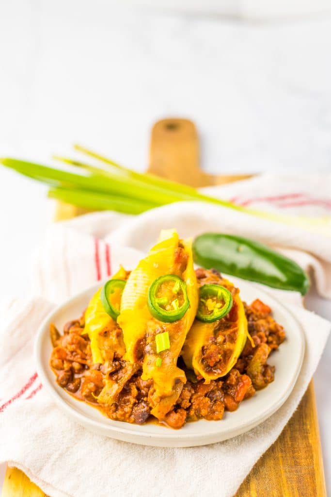 Chili Cheese Stuffed Shells plated