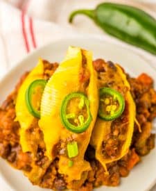 Chili Cheese Stuffed Shells plated
