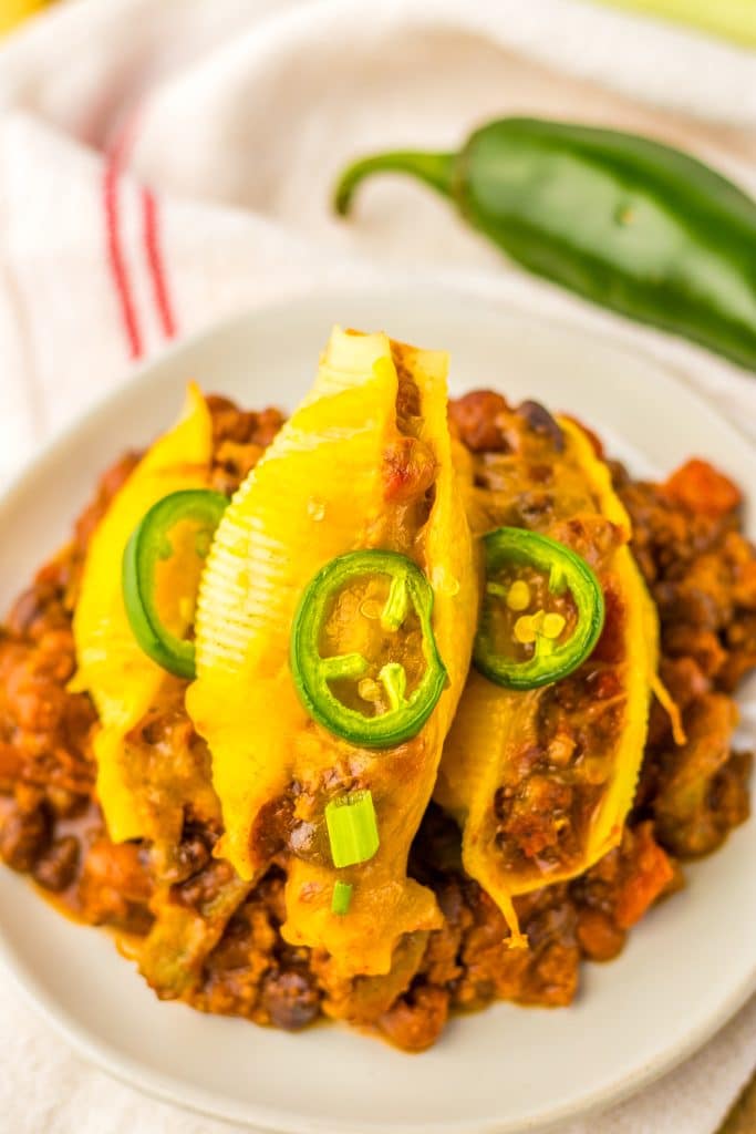 Chili Cheese Stuffed Shells plated