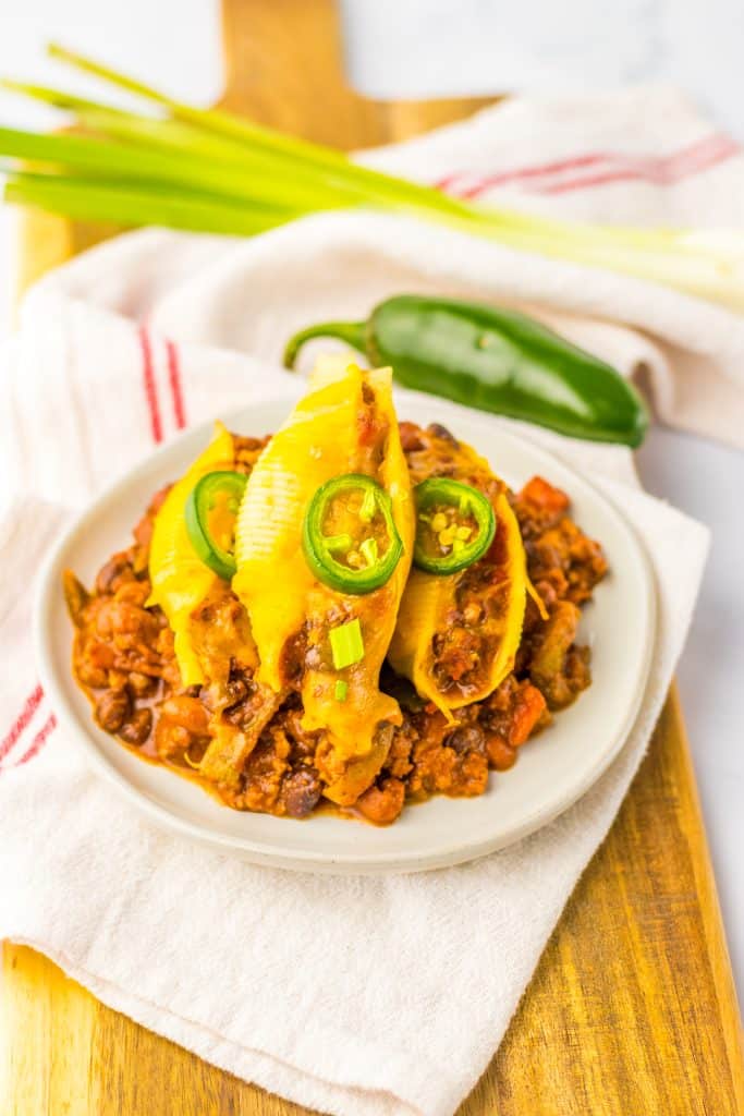 Chili Cheese Stuffed Shells plated