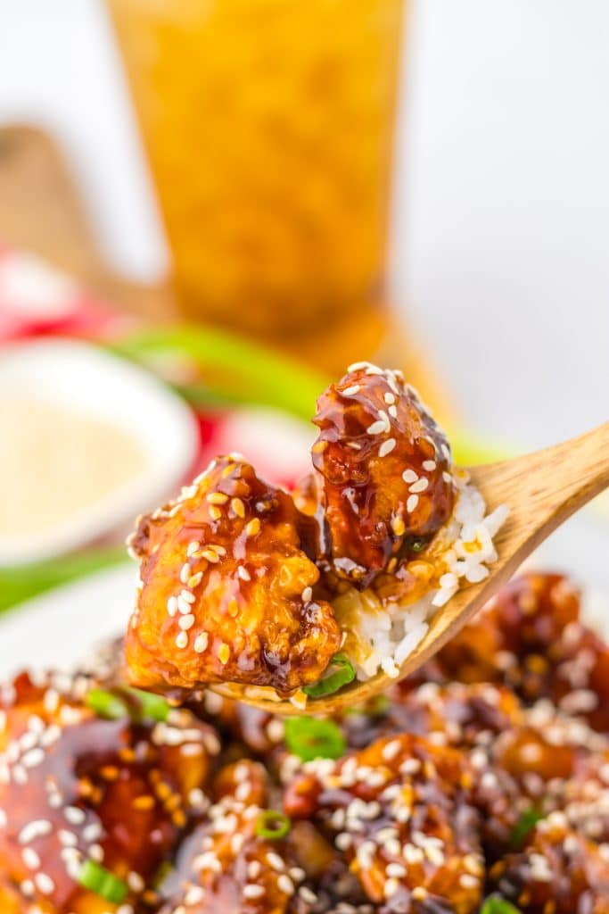 Honey Seasame Chicken on spoon