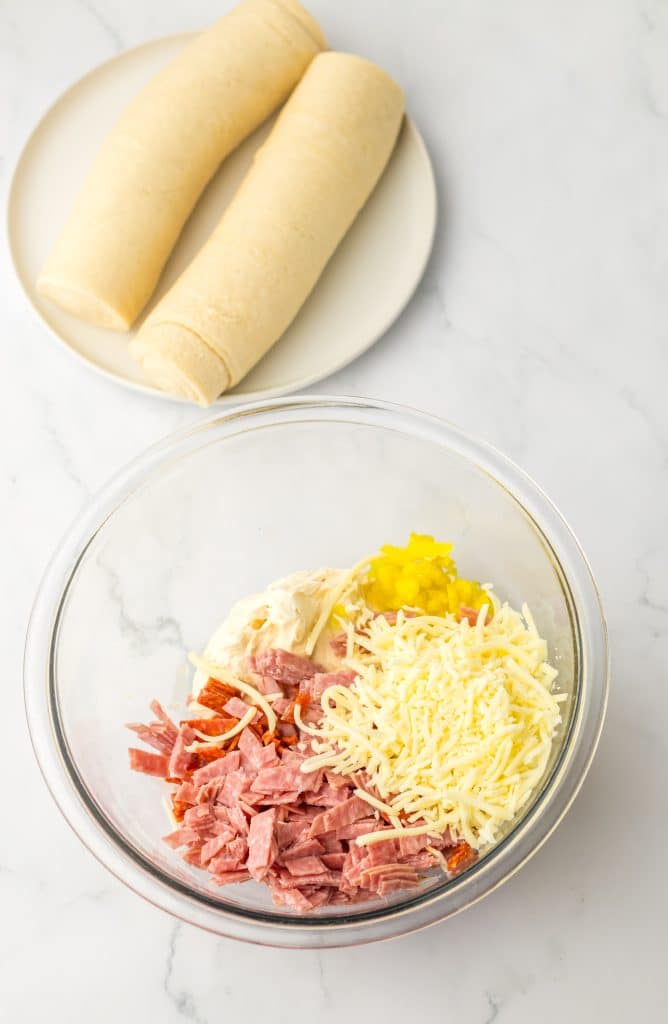 Italian Sub Pinwheels ingredients in bowl