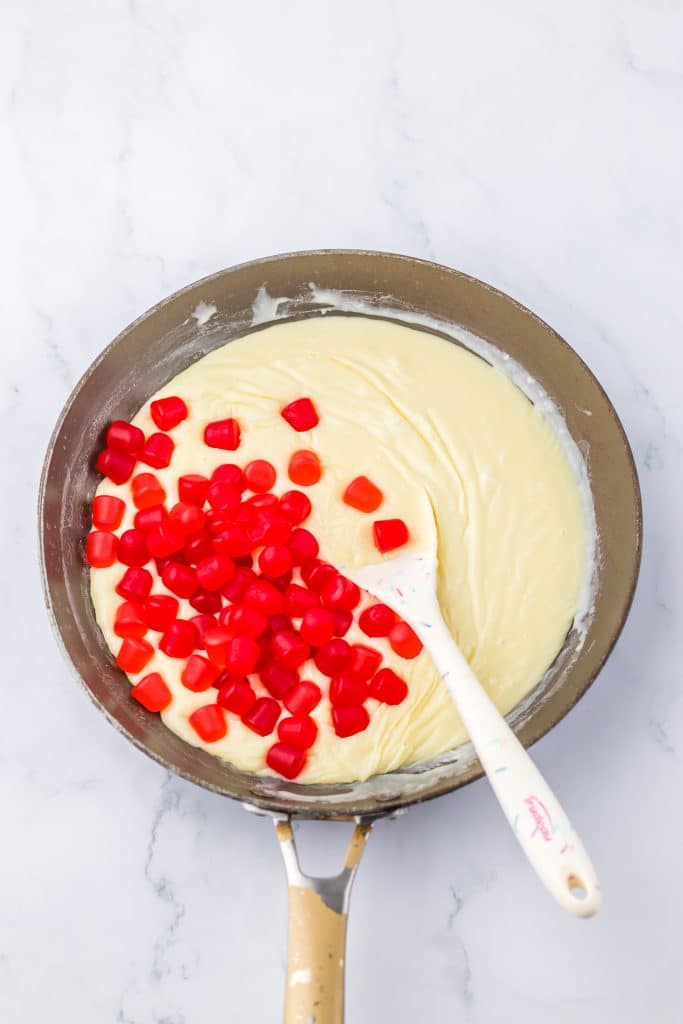 Valentine's Gumdrop Fudge adding gumdrops