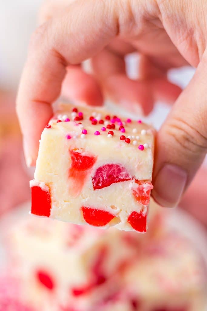 Valentine's Gumdrop Fudge in hand