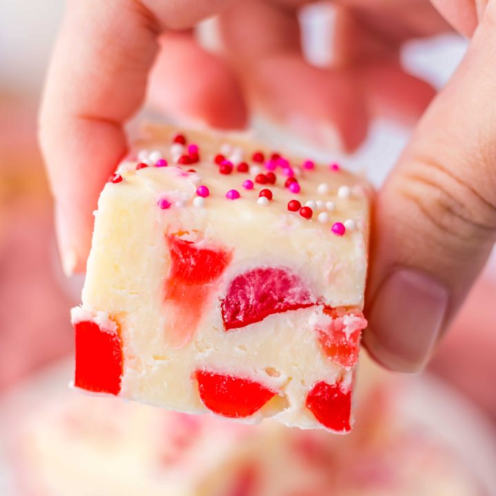 Valentine's Gumdrop Fudge in hand