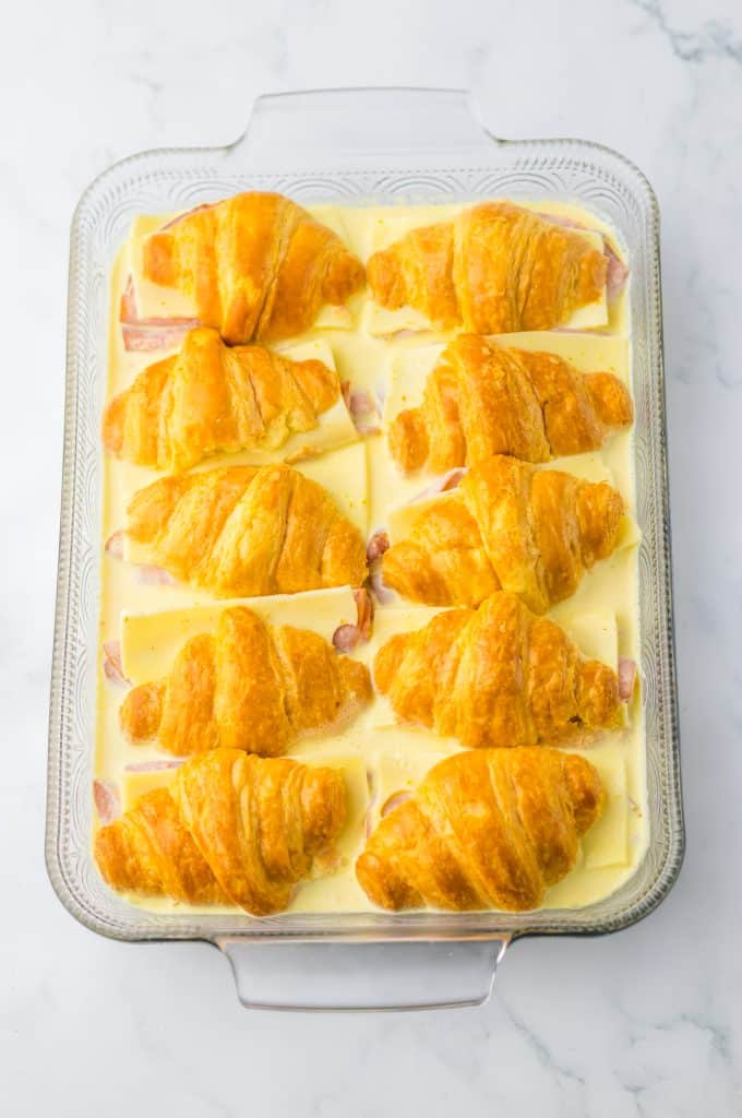 Ham and Swiss Croissant Bake in pan