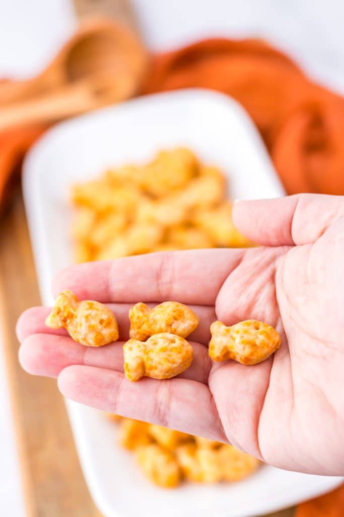 Homemade Goldfish Crackers in hand