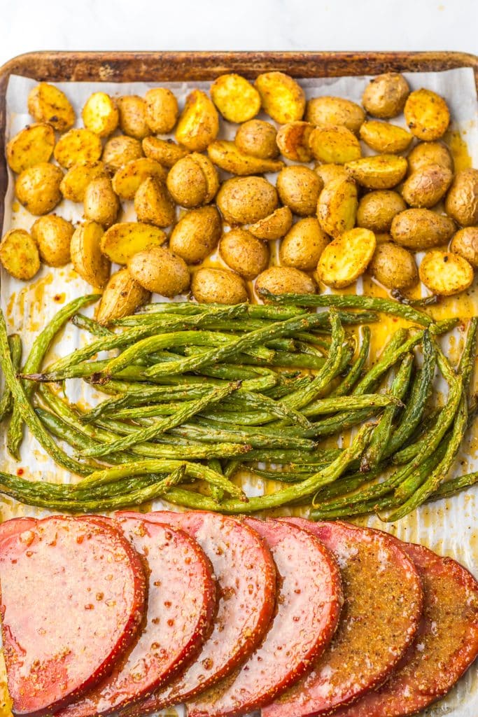 Sheet Pan Ham Steak Dinner on pan