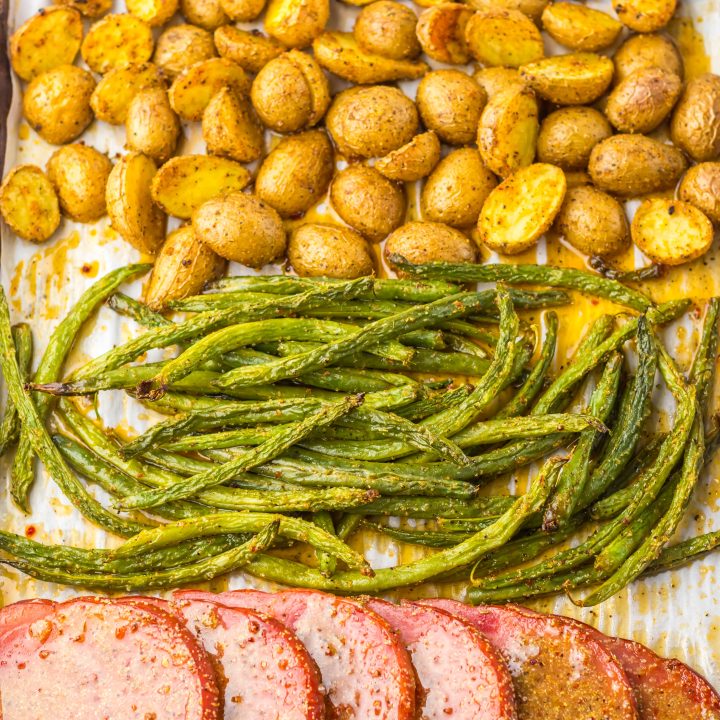 Sheet Pan Ham Steak Dinner on pan