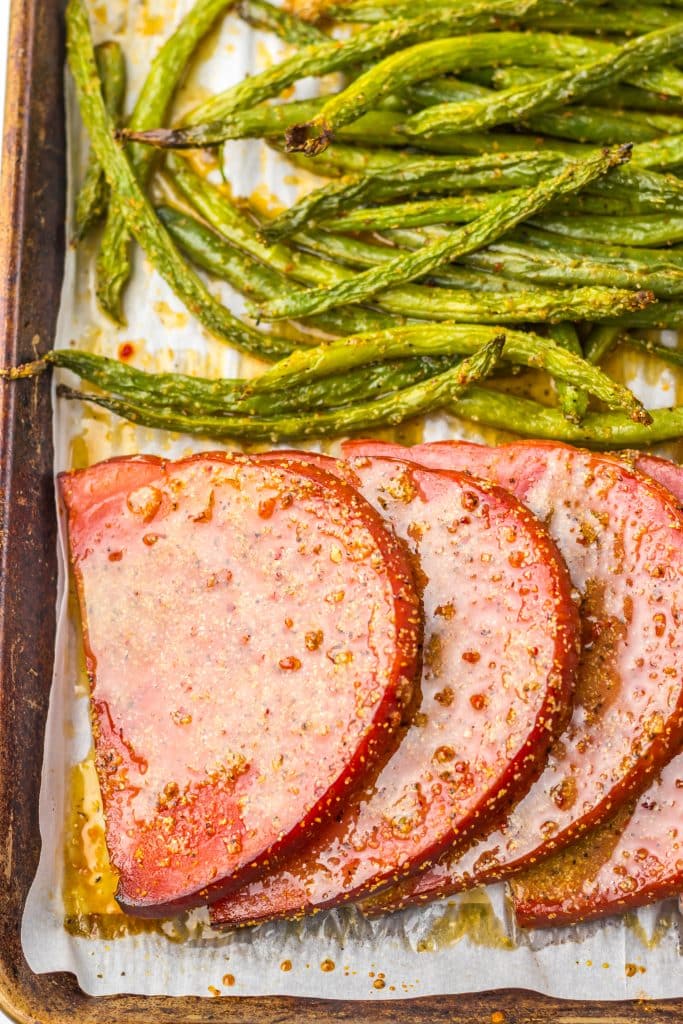 Sheet Pan Ham Steak Dinner on pan