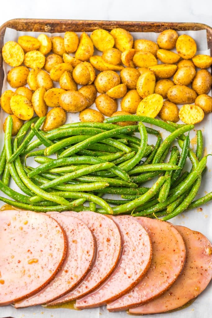 Sheet Pan Ham Steak Dinner on pan