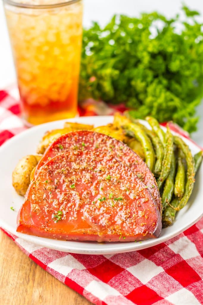 Sheet Pan Ham Steak Dinner plated