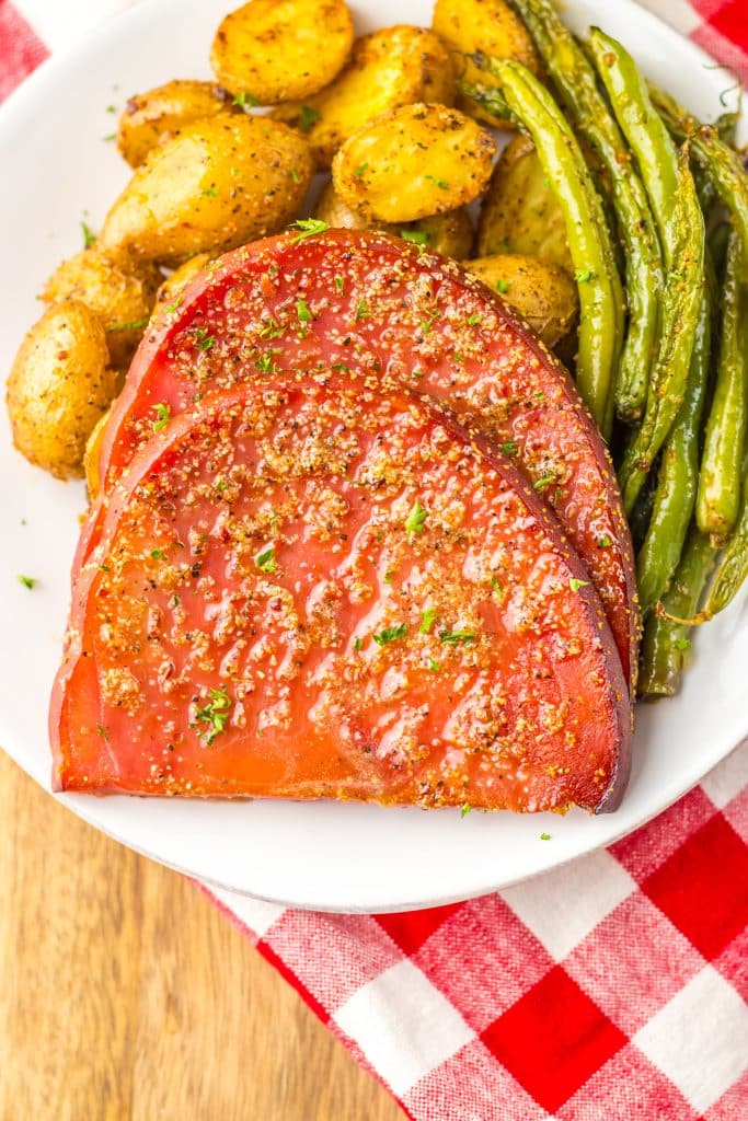 Sheet Pan Ham Steak Dinner plated
