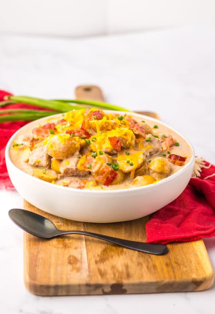 Slow Cooker Steak and Potato Soup in bowl