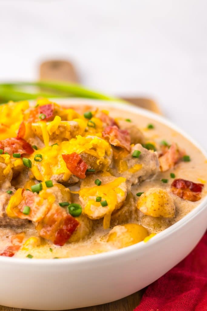 Slow Cooker Steak and Potato Soup in a bowl