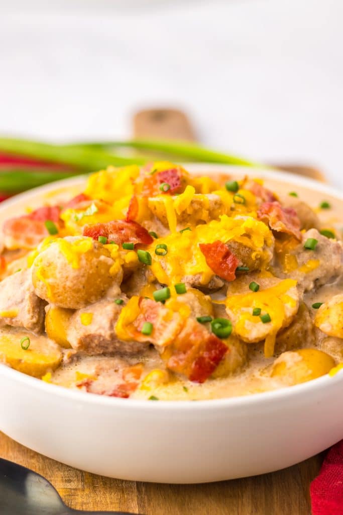 Slow Cooker Steak and Potato Soup in a bowl