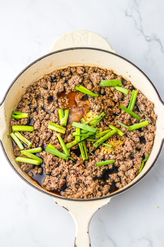 Mongolian Beef Noodles ingredients in pan