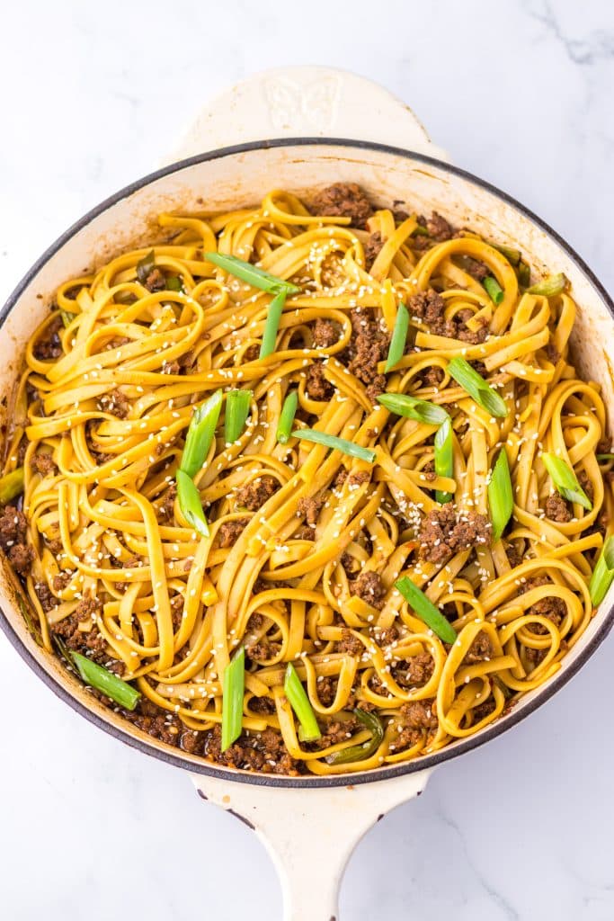 Mongolian Beef Noodles in pan