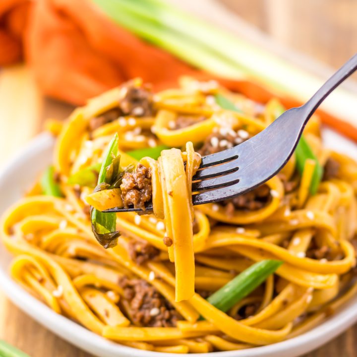 Mongolian Beef Noodles on fork