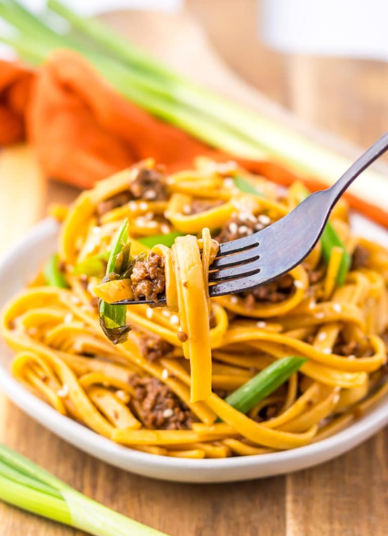 Mongolian Beef Noodles on fork