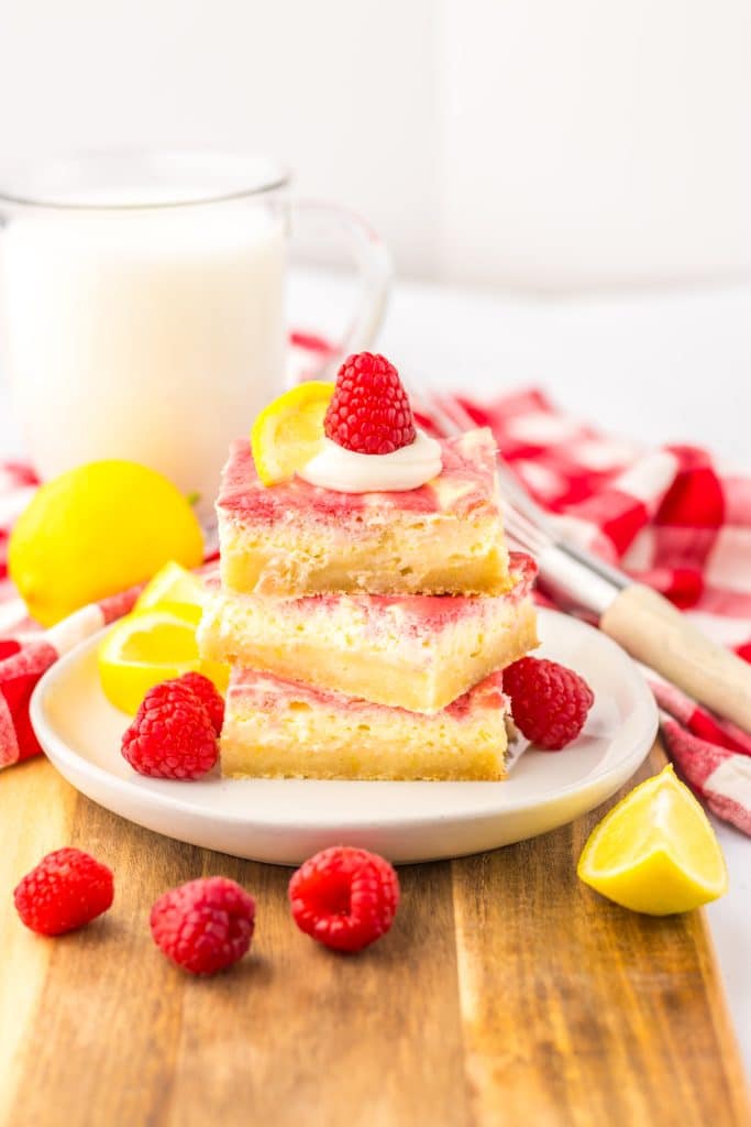 Raspberry Lemon Cheesecake Bars plated