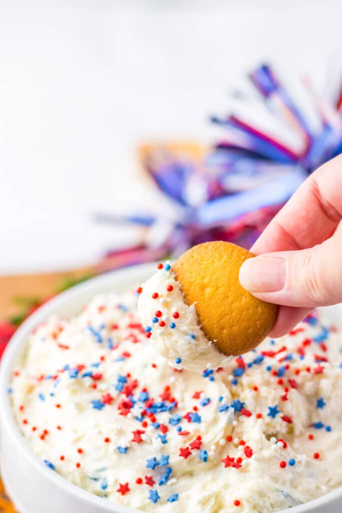 4th of July Cake Batter Dip on cookie