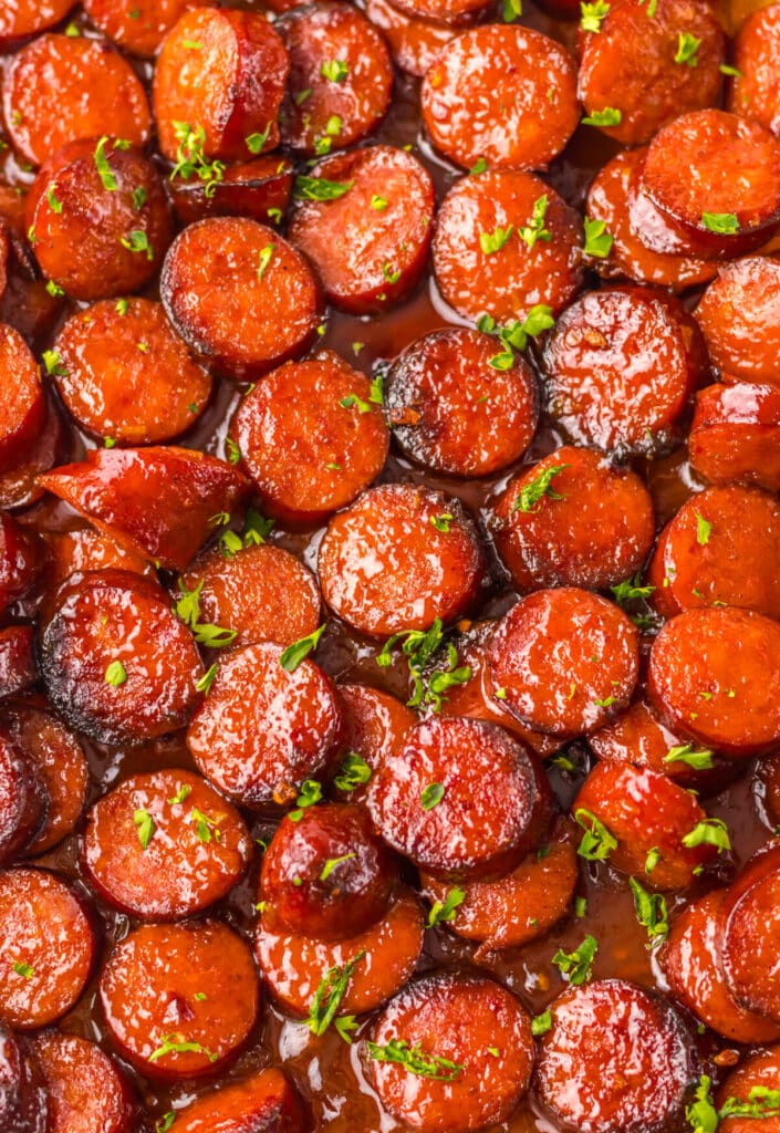 Baked BBQ Kielbasa close up