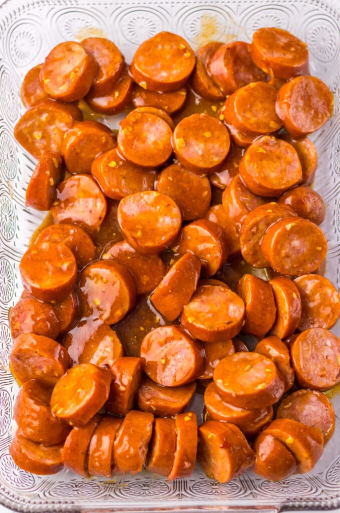 Baked BBQ Kielbasa in pan