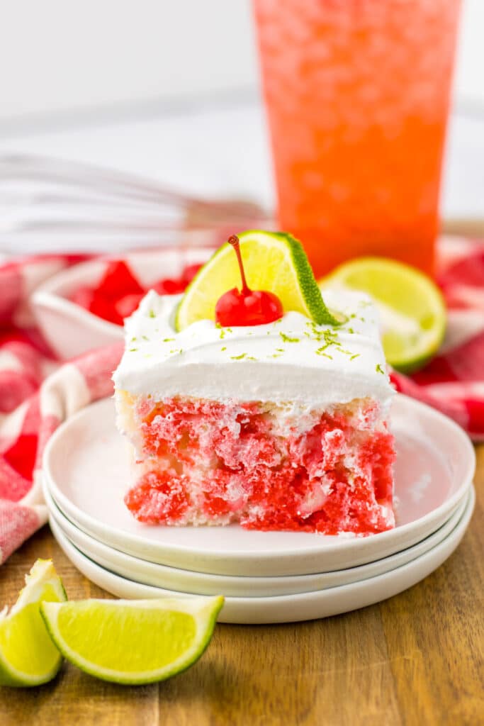 Cherry Limeade Poke Cake plated