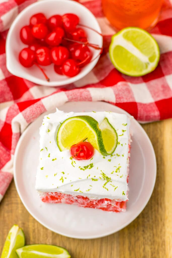 Cherry Limeade Poke Cake plated