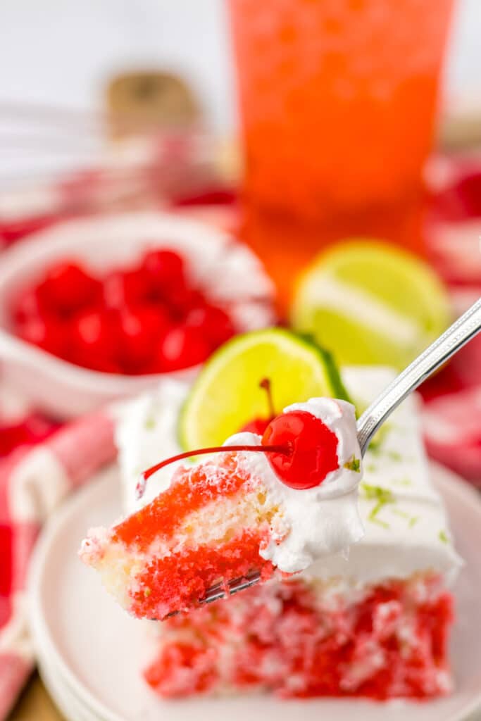 Cherry Limeade Poke Cake on fork