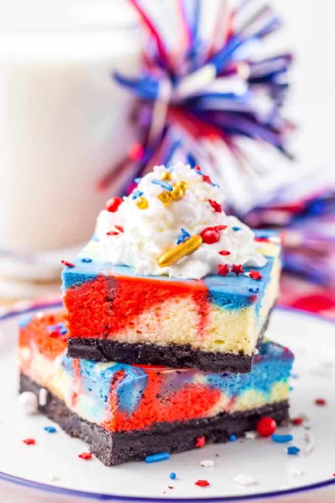 Red White Blue Cheesecake Bars plated