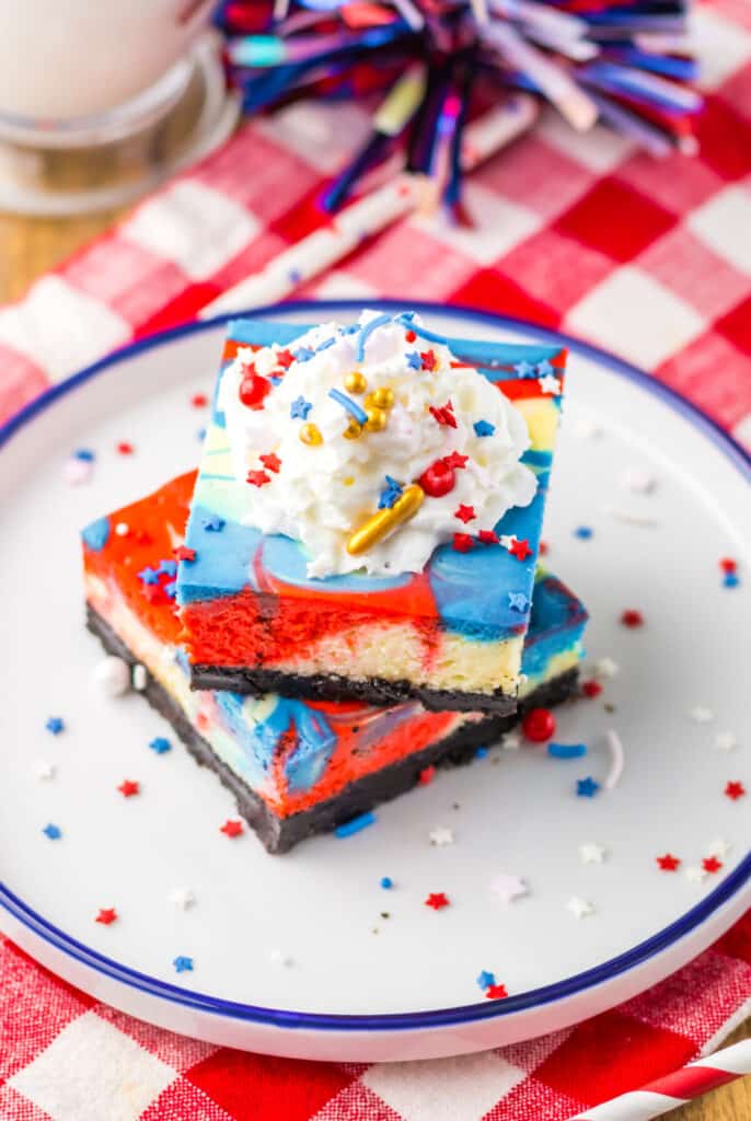 Red White Blue Cheesecake Bars plated