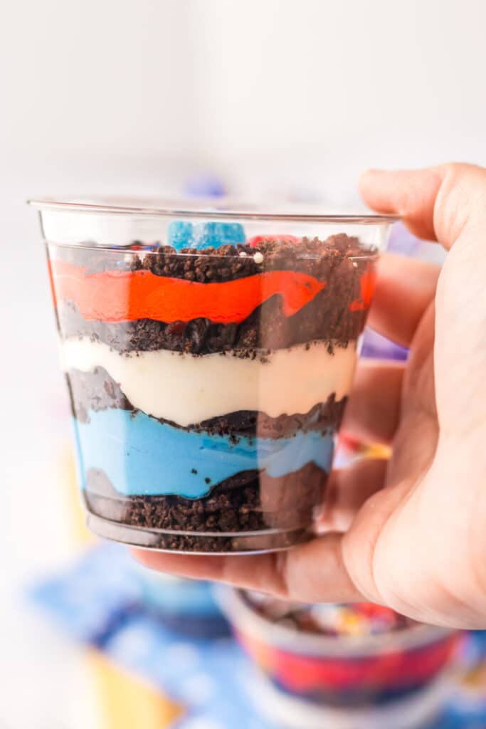 Red White Blue Dirt Cups in hand