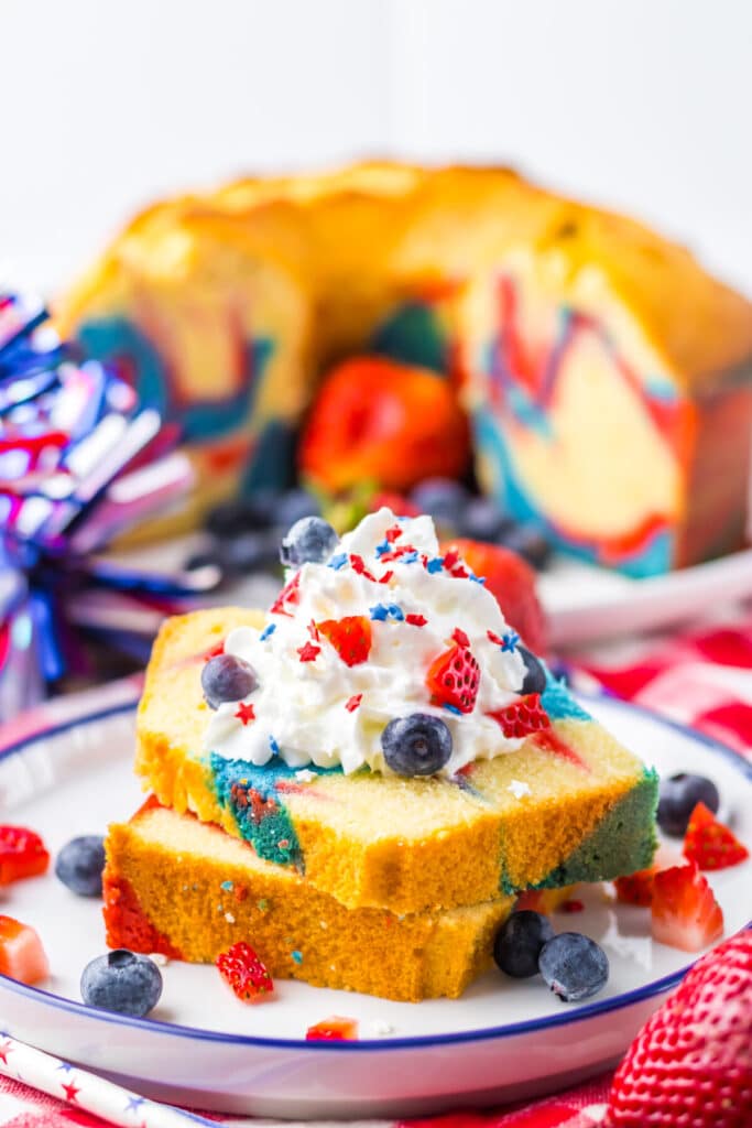 Red White Blue Mile High Pound Cake plated