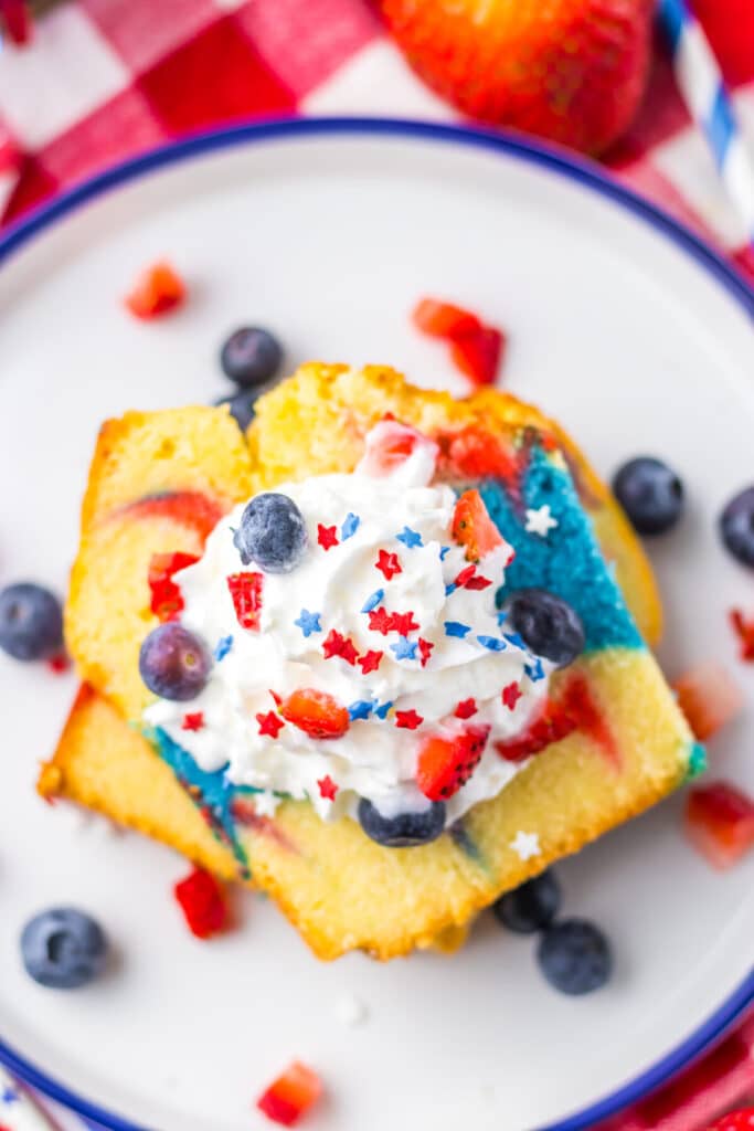 Red White Blue Mile High Pound Cake up close