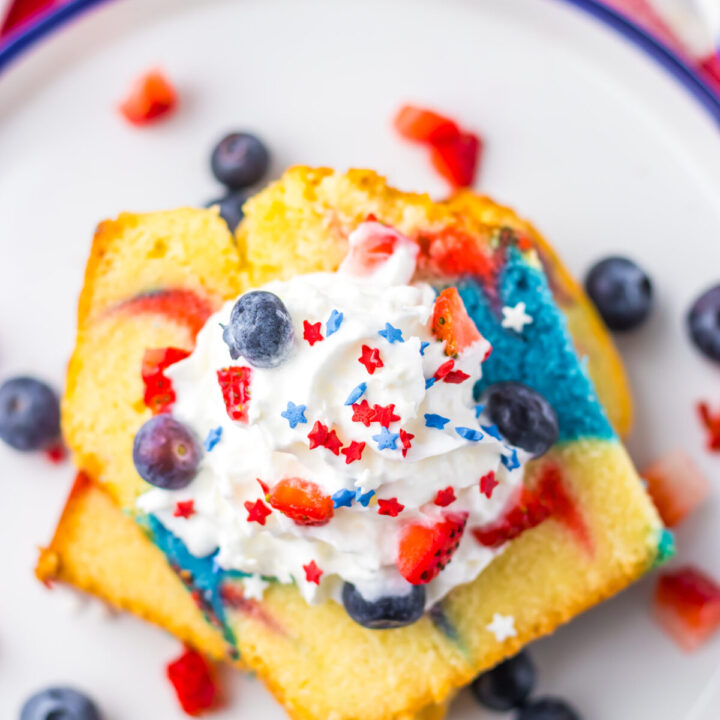 Red White Blue Mile High Pound Cake up close