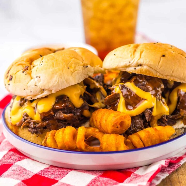Slow Cooker Arbys Roast Beef and Cheddar Sandwiches plated