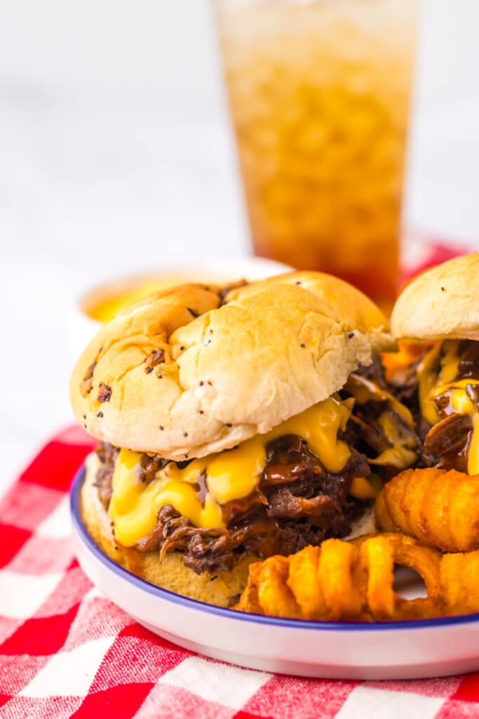 Slow Cooker Arbys Roast Beef and Cheddar Sandwiches plated