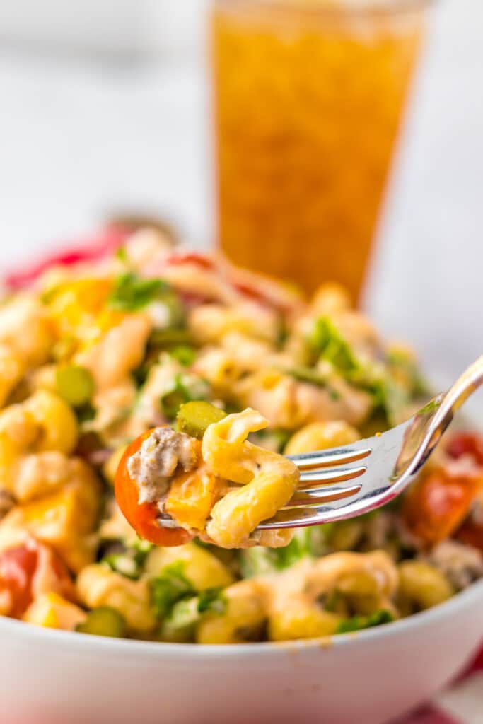 Big Mac Pasta Salad on fork