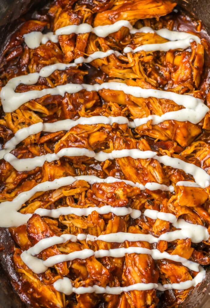 Slow Cooker BBQ Ranch Chicken Sandwiches in slow cooker