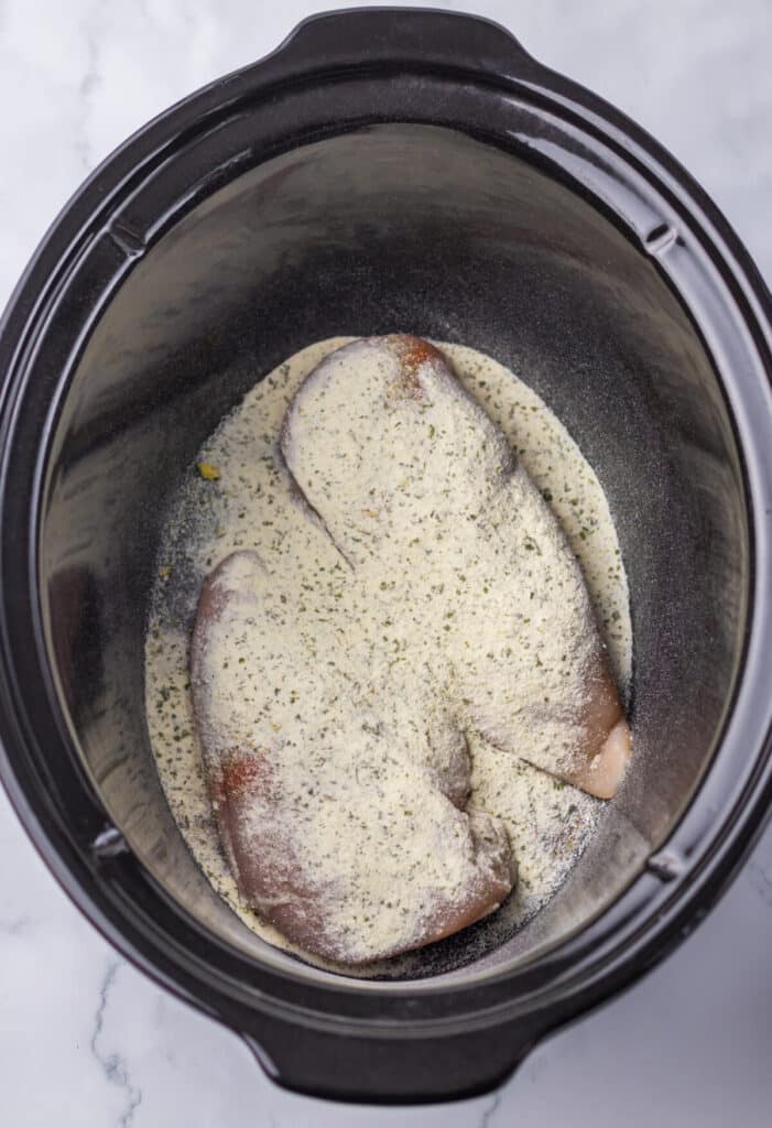 Slow Cooker BBQ Ranch Chicken Sandwiches in slow cooker