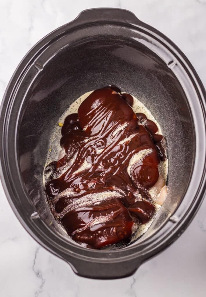 Slow Cooker BBQ Ranch Chicken Sandwiches in slow cooker