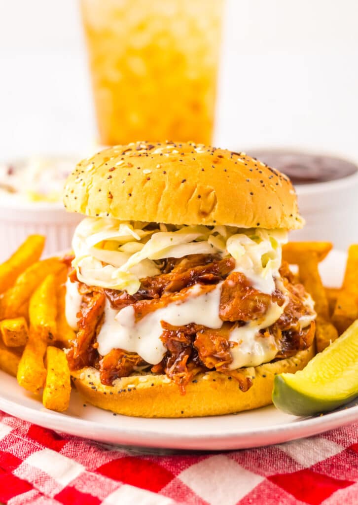 Slow Cooker BBQ Ranch Chicken Sandwiches plated