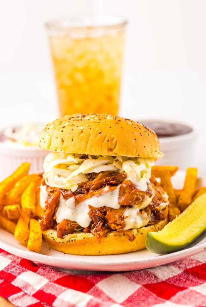 Slow Cooker BBQ Ranch Chicken Sandwiches plated