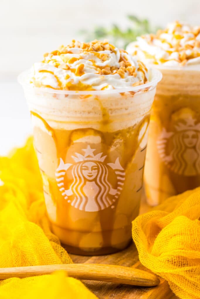 Copycat Starbucks Caramel Ribbon Crunch Frappuccino in hand