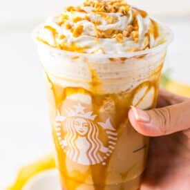 Copycat Starbucks Caramel Ribbon Crunch Frappuccino in hand