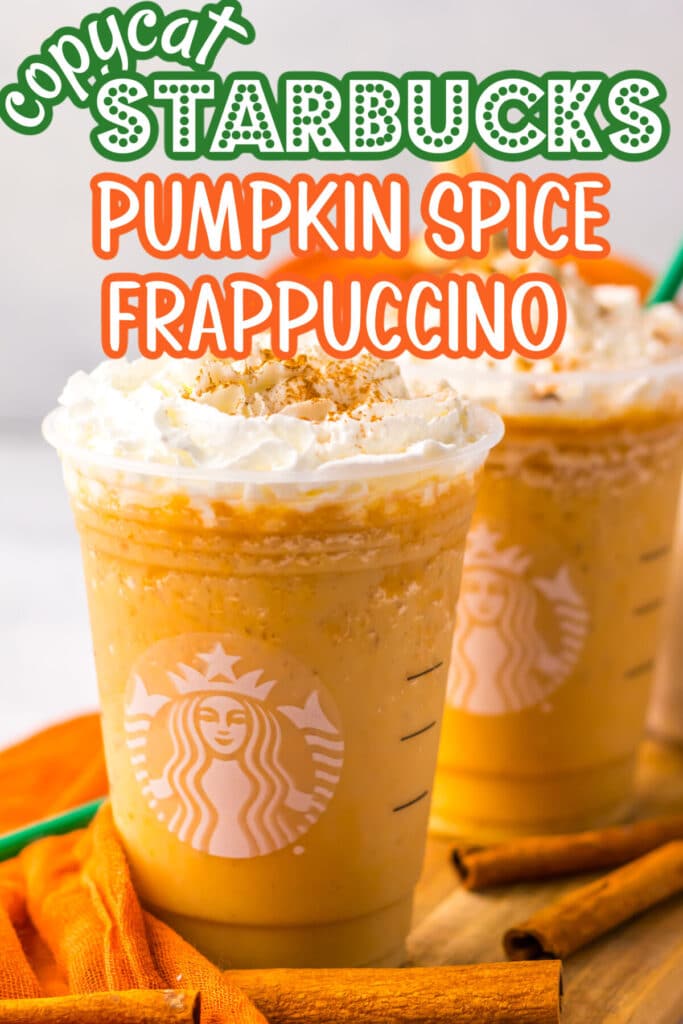 Homemade pumpkin spice frappuccino topped with whipped cream and cinnamon in a clear glass
